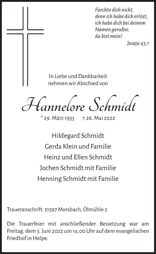  Traueranzeige für Hannelore Schmidt vom 03.06.2022 aus  Lokalanzeiger 
