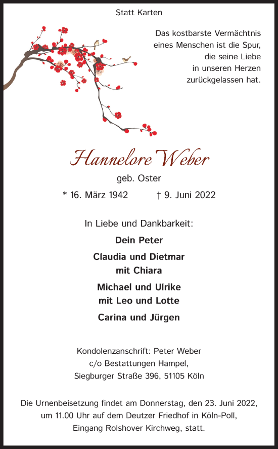 Anzeige von Hannelore Weber von Kölner Stadt-Anzeiger / Kölnische Rundschau / Express