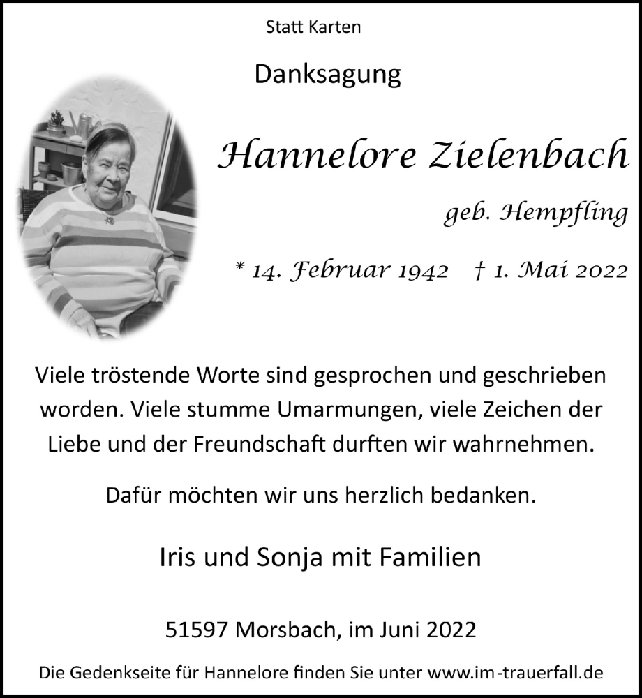  Traueranzeige für Hannelore Zielenbach vom 03.06.2022 aus  Lokalanzeiger 