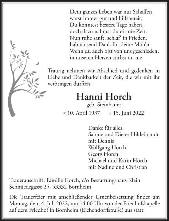 Anzeige von Hanni Horch von  Schaufenster/Blickpunkt 
