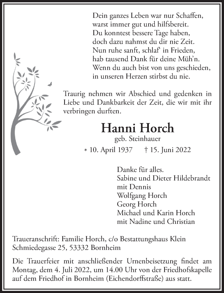  Traueranzeige für Hanni Horch vom 01.07.2022 aus  Schaufenster/Blickpunkt 