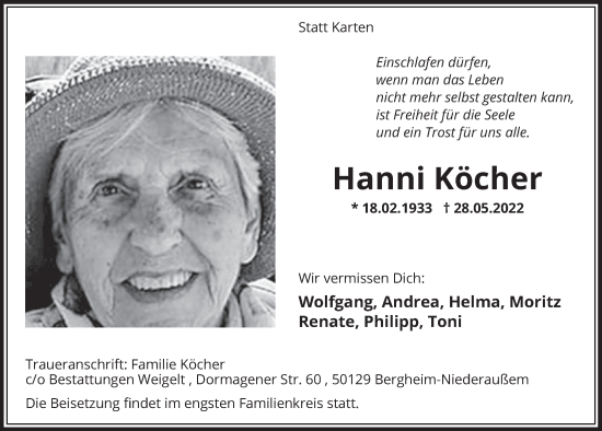 Anzeige von Hanni Köcher von  Werbepost 