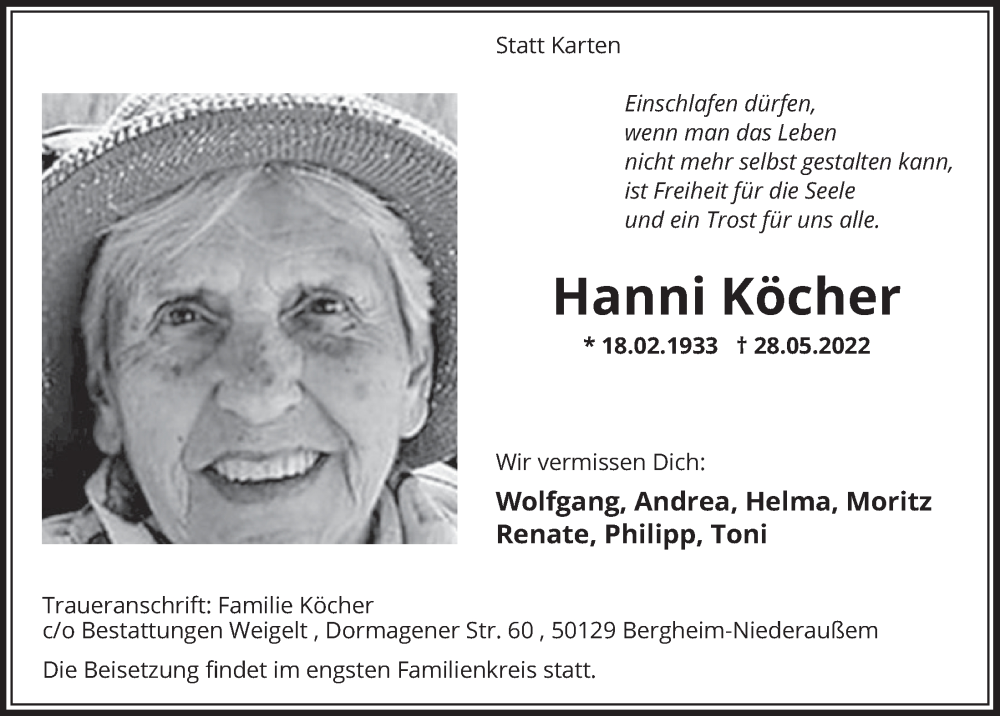  Traueranzeige für Hanni Köcher vom 03.06.2022 aus  Werbepost 