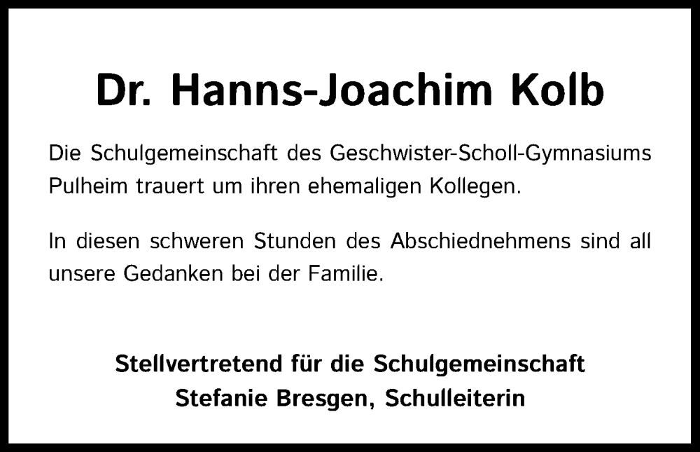  Traueranzeige für Hanns-Joachim Kolb vom 11.06.2022 aus Kölner Stadt-Anzeiger / Kölnische Rundschau / Express
