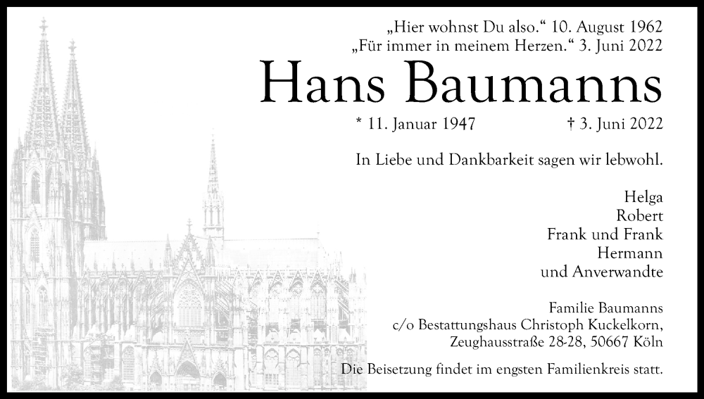  Traueranzeige für Hans Baumanns vom 11.06.2022 aus Kölner Stadt-Anzeiger / Kölnische Rundschau / Express