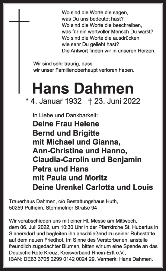 Anzeige von Hans Dahmen von  Wochenende 