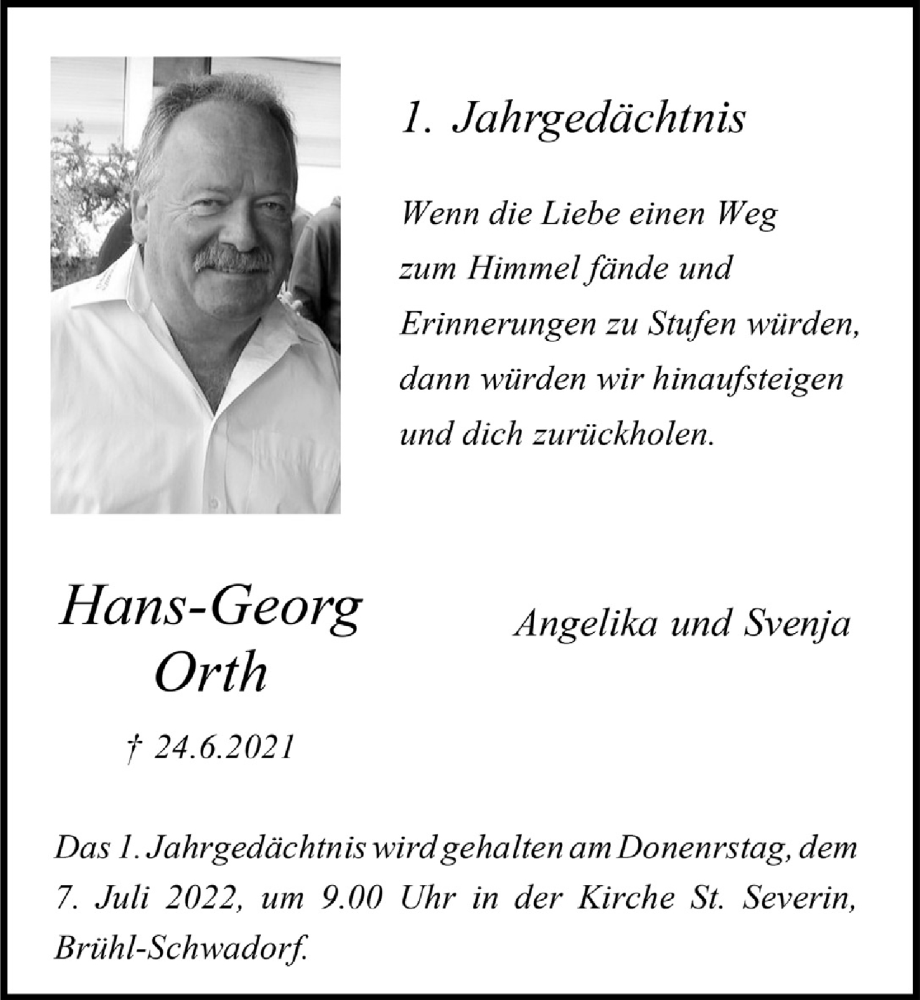  Traueranzeige für Hans-Georg Orth vom 01.07.2022 aus  Schlossbote/Werbekurier 