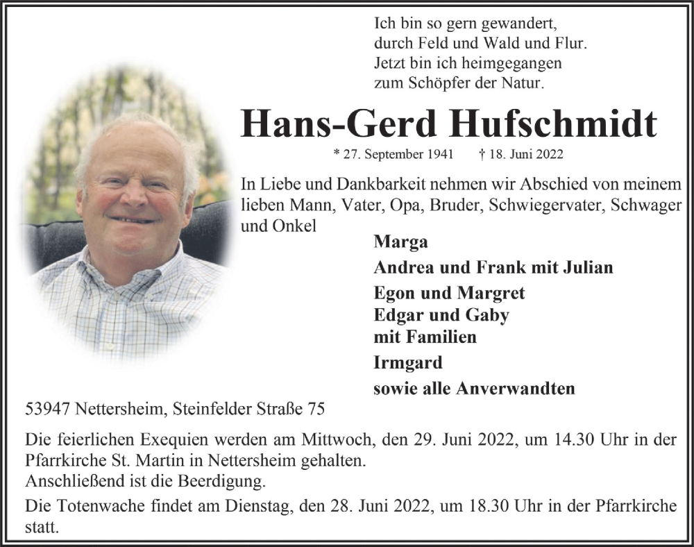  Traueranzeige für Hans-Gerd Hufschmidt vom 25.06.2022 aus  Blickpunkt Euskirchen 