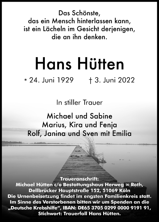 Anzeige von Hans Hütten von Kölner Stadt-Anzeiger / Kölnische Rundschau / Express