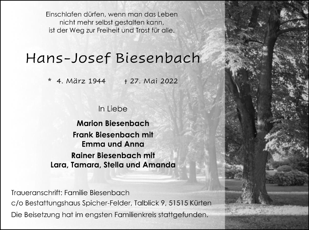  Traueranzeige für Hans-Josef Biesenbach vom 16.06.2022 aus Kölner Stadt-Anzeiger / Kölnische Rundschau / Express