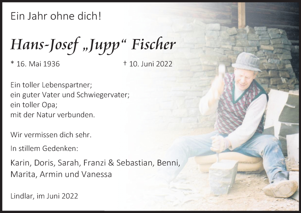  Traueranzeige für Hans-Josef Fischer vom 11.06.2022 aus Kölner Stadt-Anzeiger / Kölnische Rundschau / Express