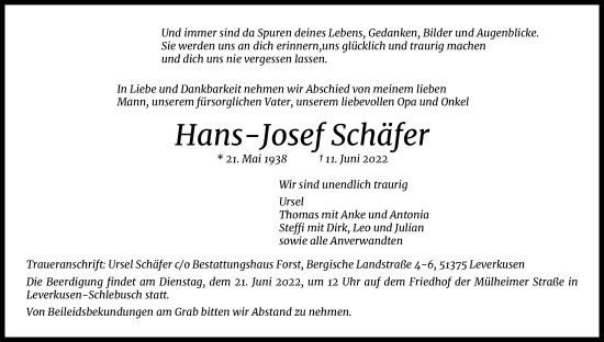 Anzeige von Hans-Josef Schäfer von Kölner Stadt-Anzeiger / Kölnische Rundschau / Express