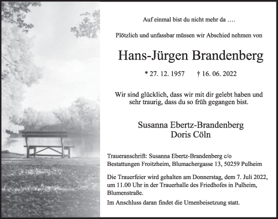 Anzeige von Hans-Jürgen Brandenberg von  Wochenende 