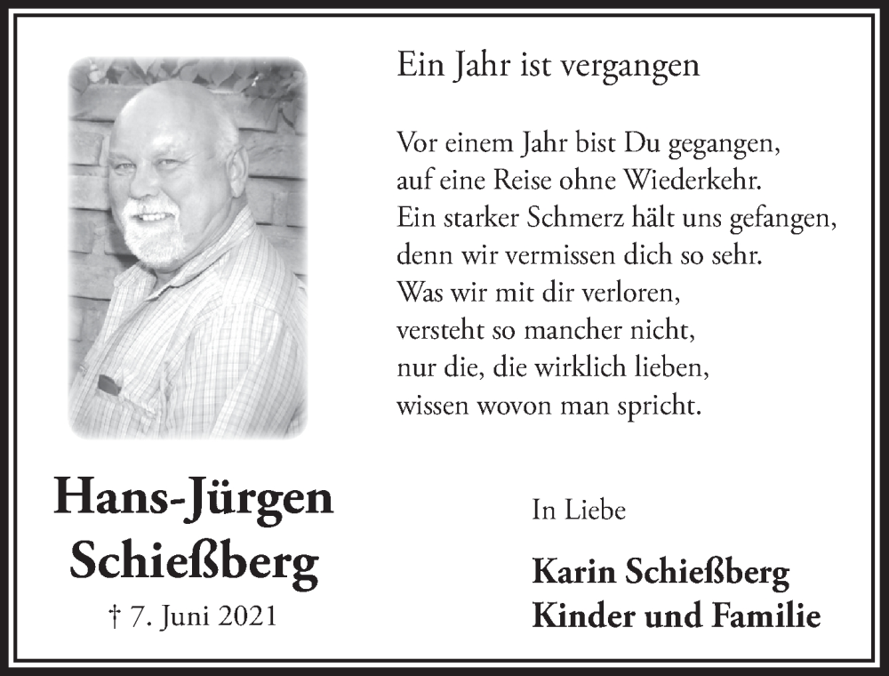  Traueranzeige für Hans-Jürgen Schießberg vom 03.06.2022 aus  Schlossbote/Werbekurier 