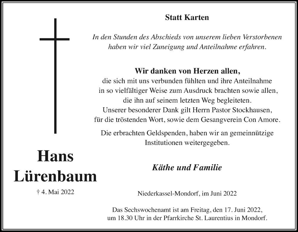  Traueranzeige für Hans Lürenbaum vom 11.06.2022 aus Kölner Stadt-Anzeiger / Kölnische Rundschau / Express
