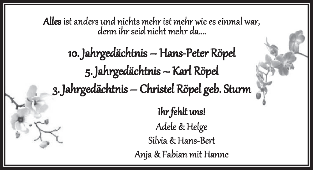  Traueranzeige für Hans-Peter Röpel vom 10.06.2022 aus  Wochenende 