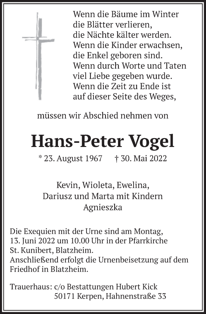  Traueranzeige für Hans-Peter Vogel vom 10.06.2022 aus  Werbepost 