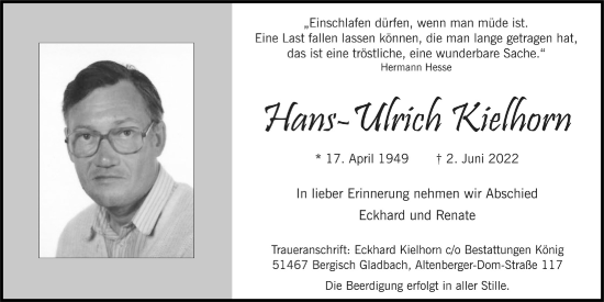 Anzeige von Hans-Ulrich Kielhorn von  Bergisches Handelsblatt 