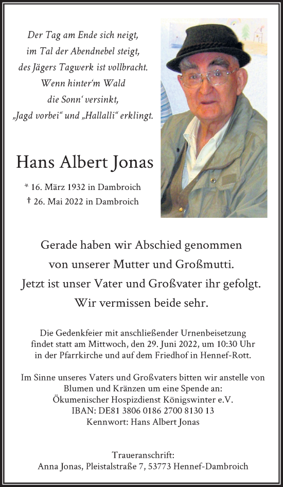 Anzeige von Hans Albert Jonas von Kölner Stadt-Anzeiger / Kölnische Rundschau / Express