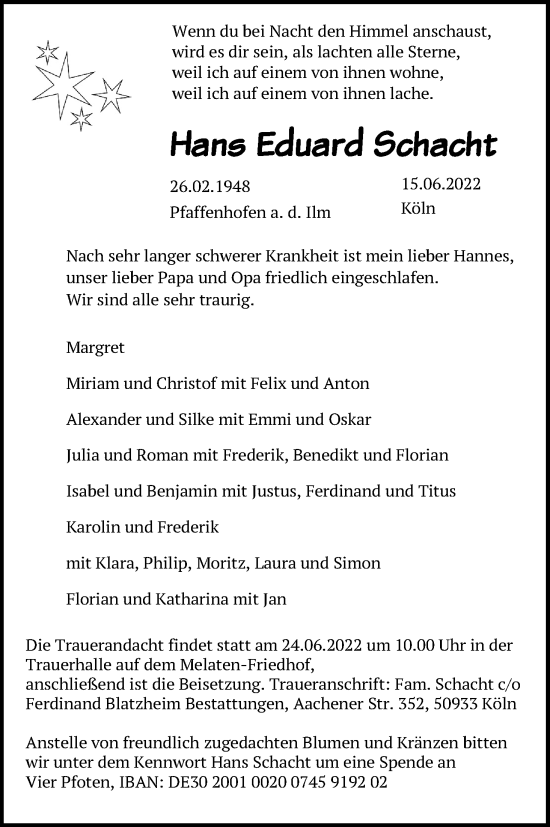 Anzeige von Hans Eduard Schacht von Kölner Stadt-Anzeiger / Kölnische Rundschau / Express