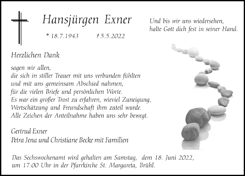  Traueranzeige für Hansjürgen Exner vom 10.06.2022 aus  Schlossbote/Werbekurier 