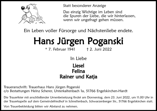 Anzeige von Hans Jürgen Poganski von Kölner Stadt-Anzeiger / Kölnische Rundschau / Express
