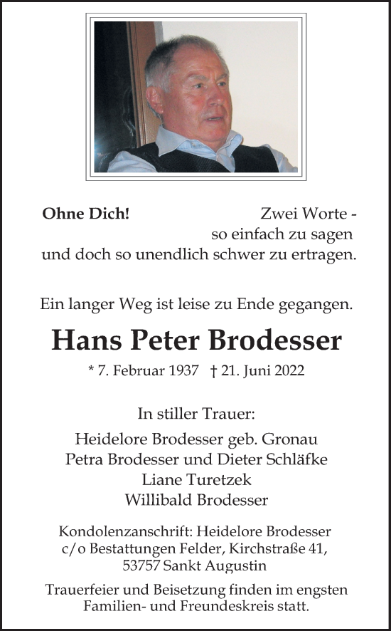 Anzeige von Hans Peter Brodesser von Kölner Stadt-Anzeiger / Kölnische Rundschau / Express