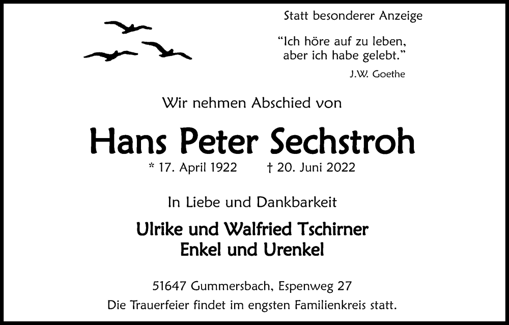  Traueranzeige für Hans Peter Sechstroh vom 25.06.2022 aus Kölner Stadt-Anzeiger / Kölnische Rundschau / Express
