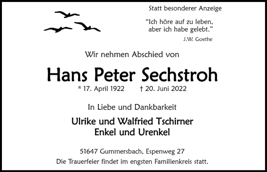 Anzeige von Hans Peter Sechstroh von  Anzeigen Echo 