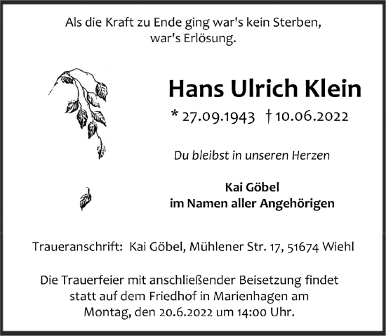 Anzeige von Hans Ulrich Klein von  Anzeigen Echo 