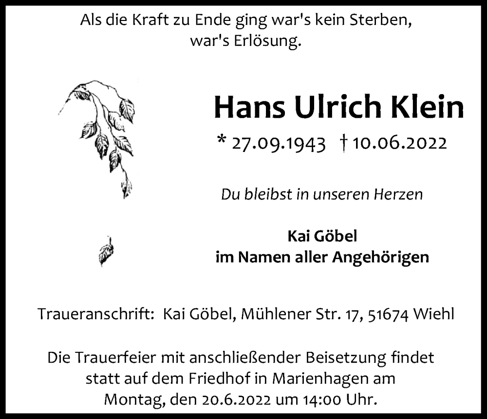  Traueranzeige für Hans Ulrich Klein vom 18.06.2022 aus Kölner Stadt-Anzeiger / Kölnische Rundschau / Express