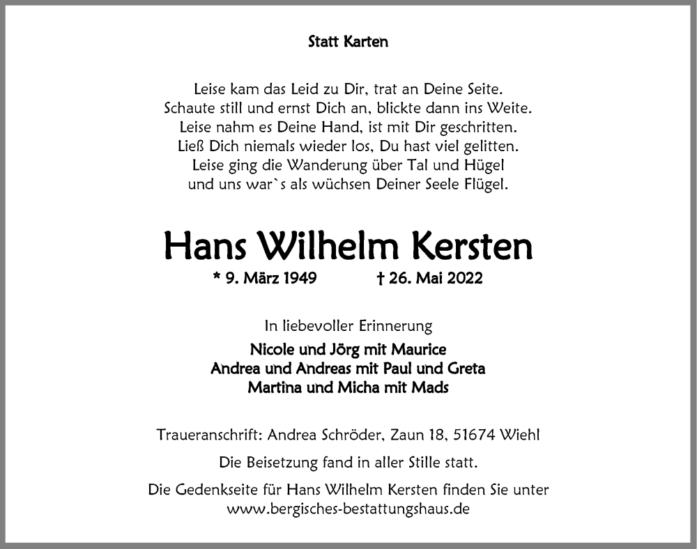  Traueranzeige für Hans Wilhelm Kersten vom 03.06.2022 aus  Anzeigen Echo 