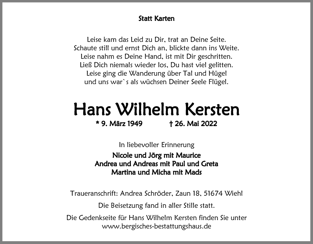  Traueranzeige für Hans Wilhelm Kersten vom 04.06.2022 aus Kölner Stadt-Anzeiger / Kölnische Rundschau / Express
