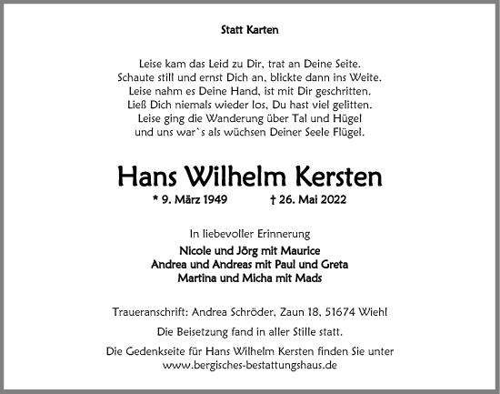 Anzeige von Hans Wilhelm Kersten von  Anzeigen Echo 