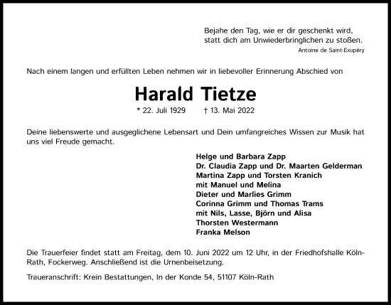 Anzeige von Harald Tietze von Kölner Stadt-Anzeiger / Kölnische Rundschau / Express