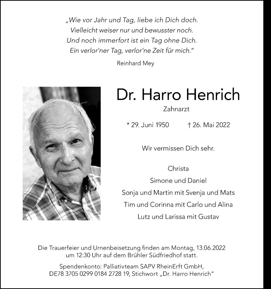  Traueranzeige für Harro Henrich vom 04.06.2022 aus Kölner Stadt-Anzeiger / Kölnische Rundschau / Express