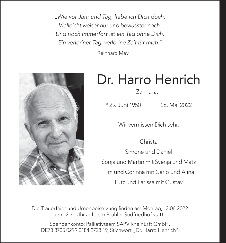  Traueranzeige für Harro Henrich vom 03.06.2022 aus  Schlossbote/Werbekurier 