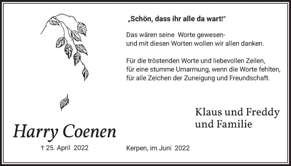  Traueranzeige für Harry Coenen vom 03.06.2022 aus  Werbepost 