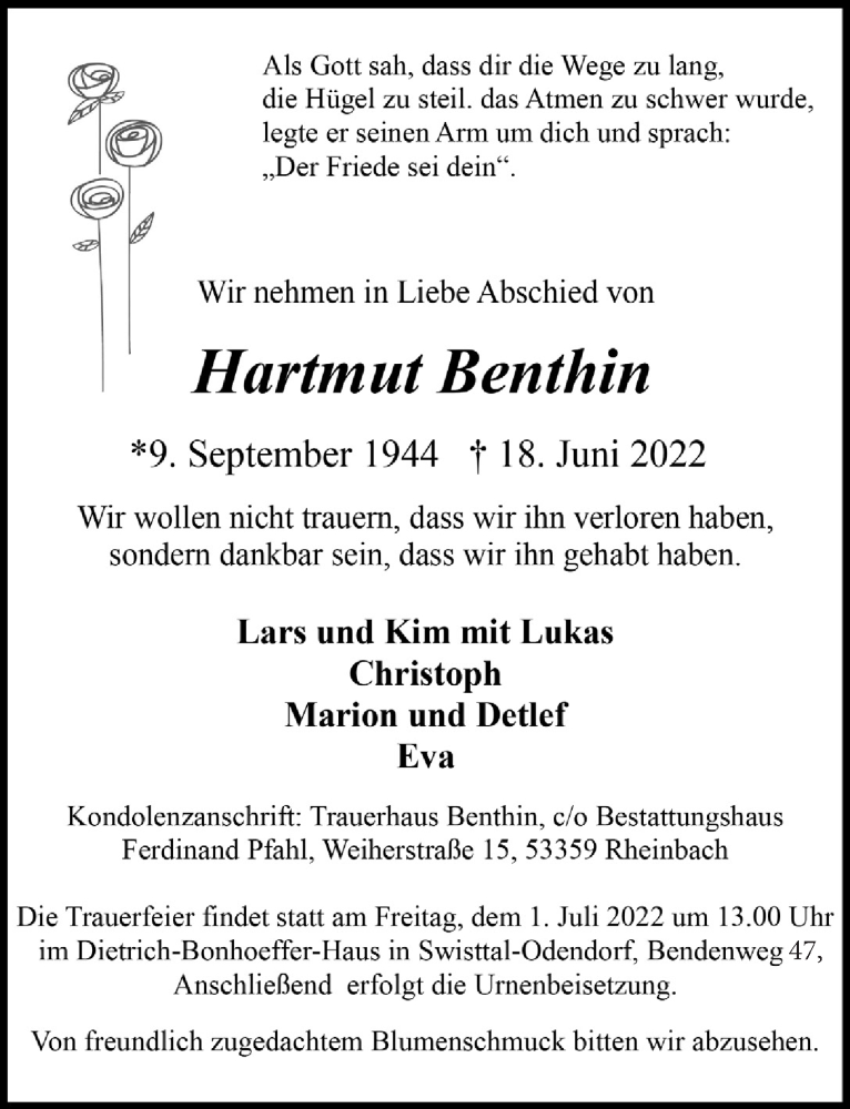  Traueranzeige für Hartmut Benthin vom 24.06.2022 aus  Schaufenster/Blickpunkt 