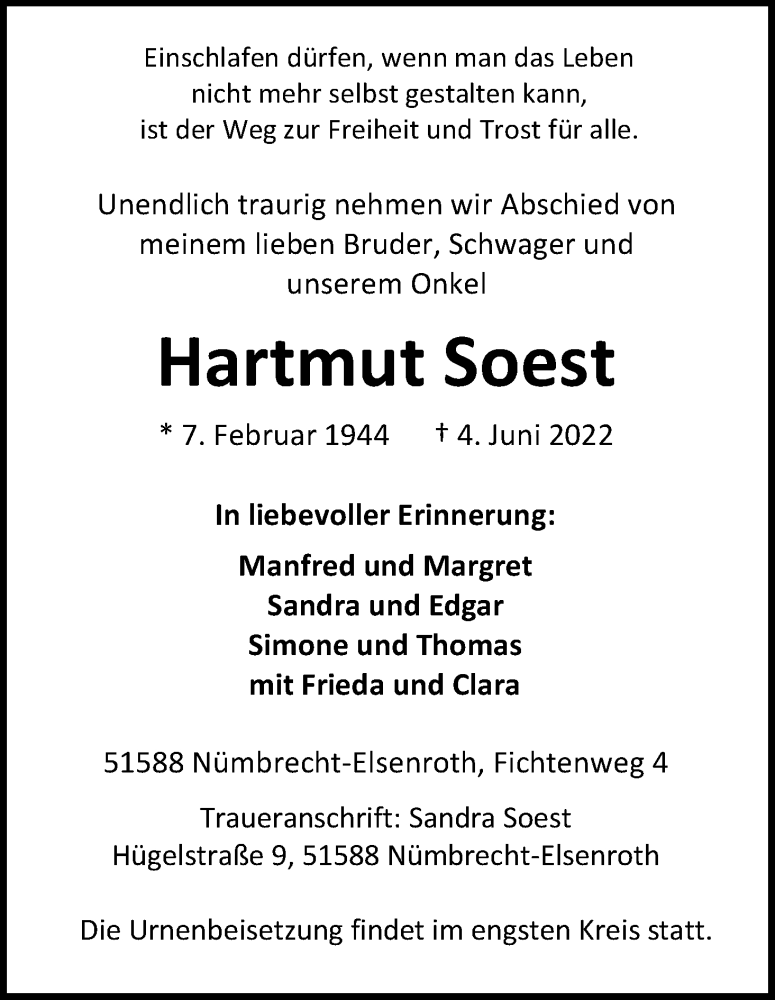  Traueranzeige für Hartmut Soest vom 11.06.2022 aus Kölner Stadt-Anzeiger / Kölnische Rundschau / Express