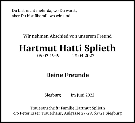 Anzeige von Hartmut Hatti Splieth von Kölner Stadt-Anzeiger / Kölnische Rundschau / Express