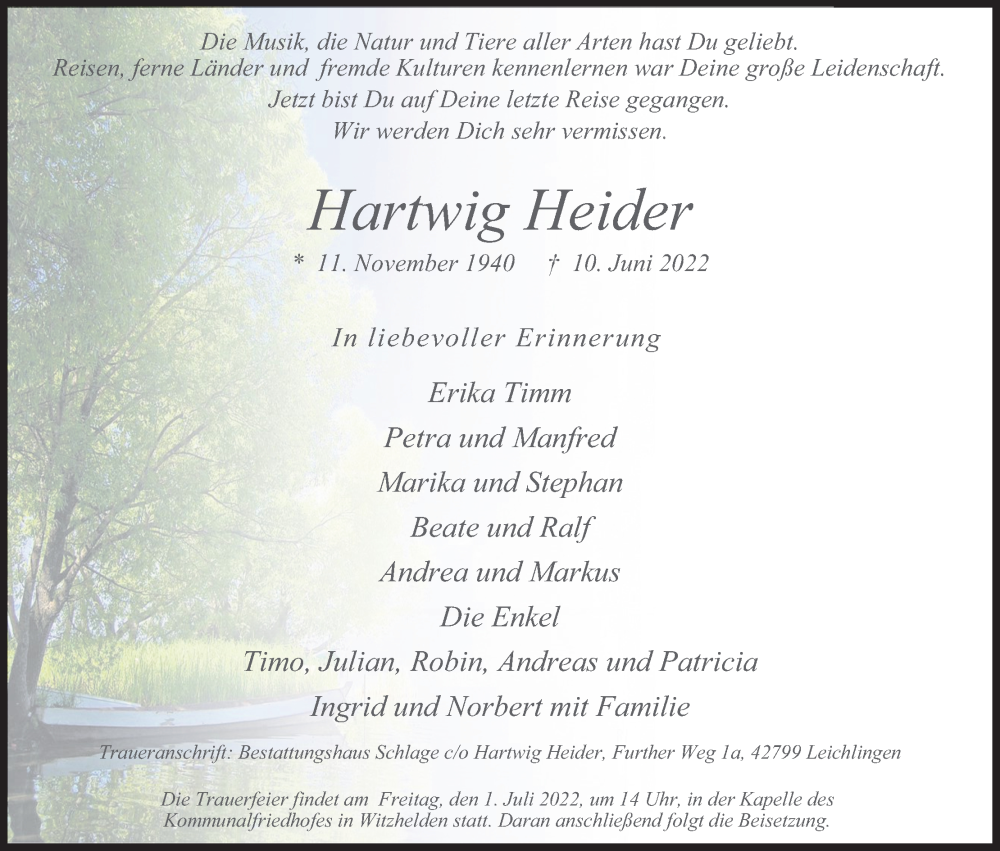  Traueranzeige für Hartwig Heider vom 25.06.2022 aus Kölner Stadt-Anzeiger / Kölnische Rundschau / Express