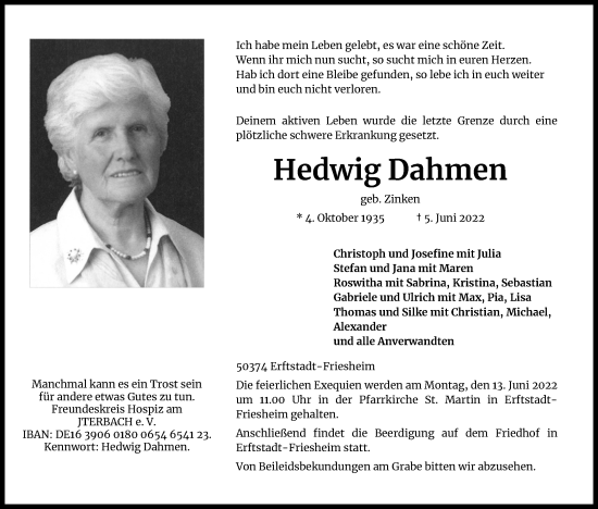 Anzeige von Hedwig Dahmen von Kölner Stadt-Anzeiger / Kölnische Rundschau / Express
