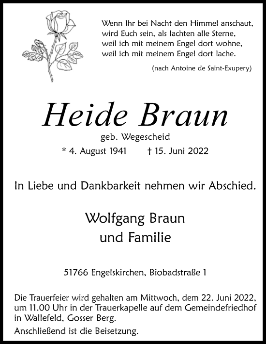 Anzeige von Heide Braun von Kölner Stadt-Anzeiger / Kölnische Rundschau / Express