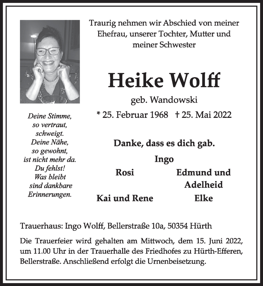  Traueranzeige für Heike Wolff vom 03.06.2022 aus  Wochenende 