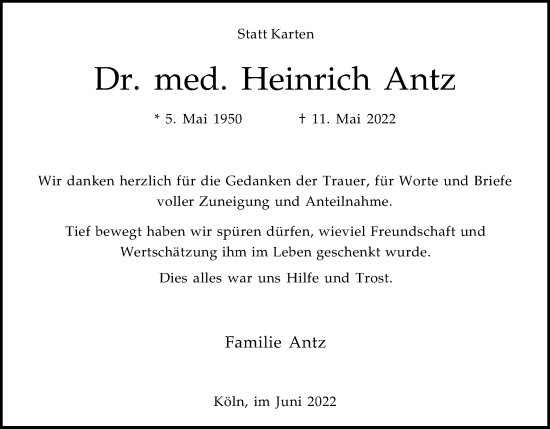 Anzeige von Heinrich Antz von Kölner Stadt-Anzeiger / Kölnische Rundschau / Express