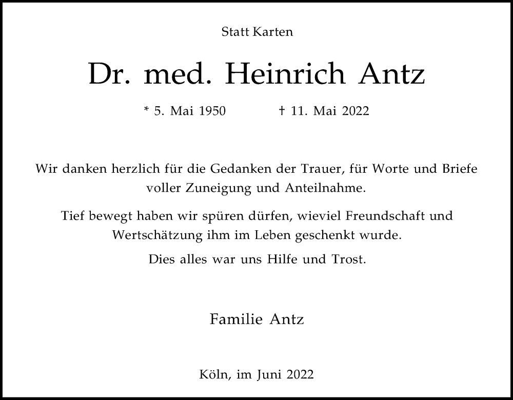  Traueranzeige für Heinrich Antz vom 25.06.2022 aus Kölner Stadt-Anzeiger / Kölnische Rundschau / Express
