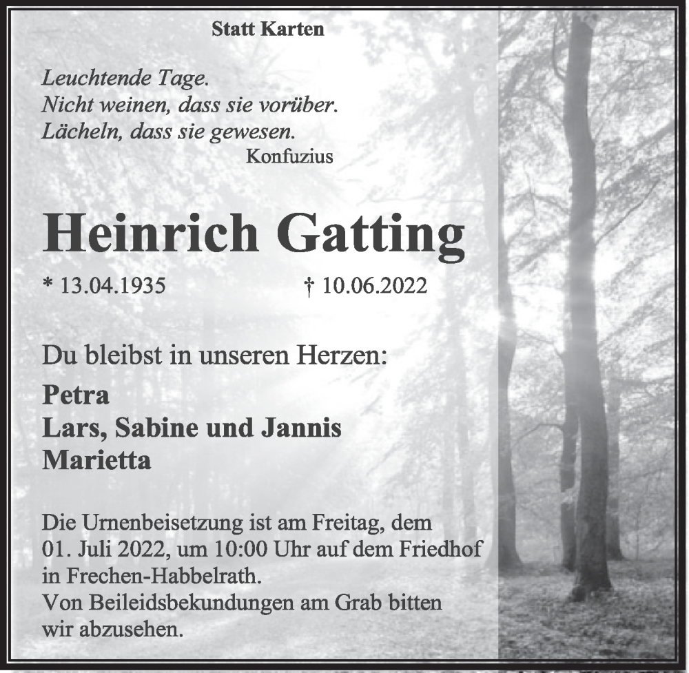 Traueranzeige für Heinrich Gatting vom 24.06.2022 aus  Wochenende 