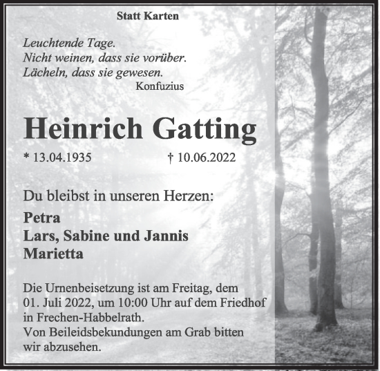 Anzeige von Heinrich Gatting von  Wochenende 