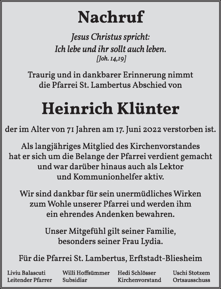  Traueranzeige für Heinrich Klünter vom 24.06.2022 aus  Werbepost 